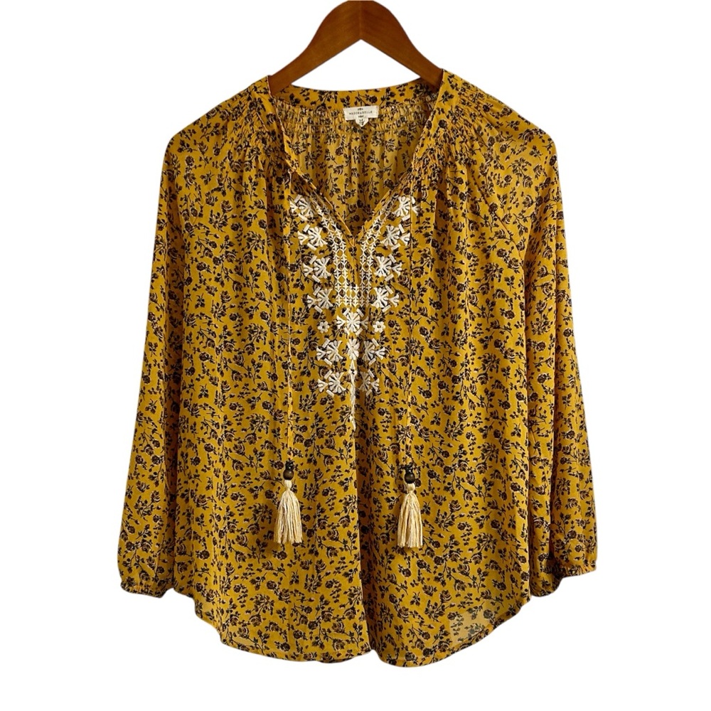 Mason & Belle Tasseled Yellow Embroidered Floral 3/4 Sleeve Peasant Top, Medium
